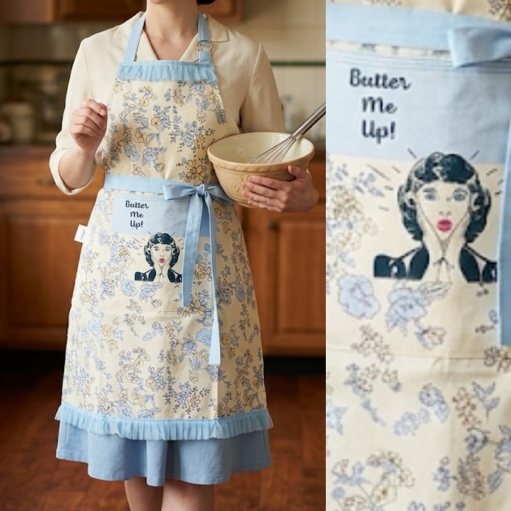 Vintage Floral "Butter Me Up!" Apron in Cream and Light Blue